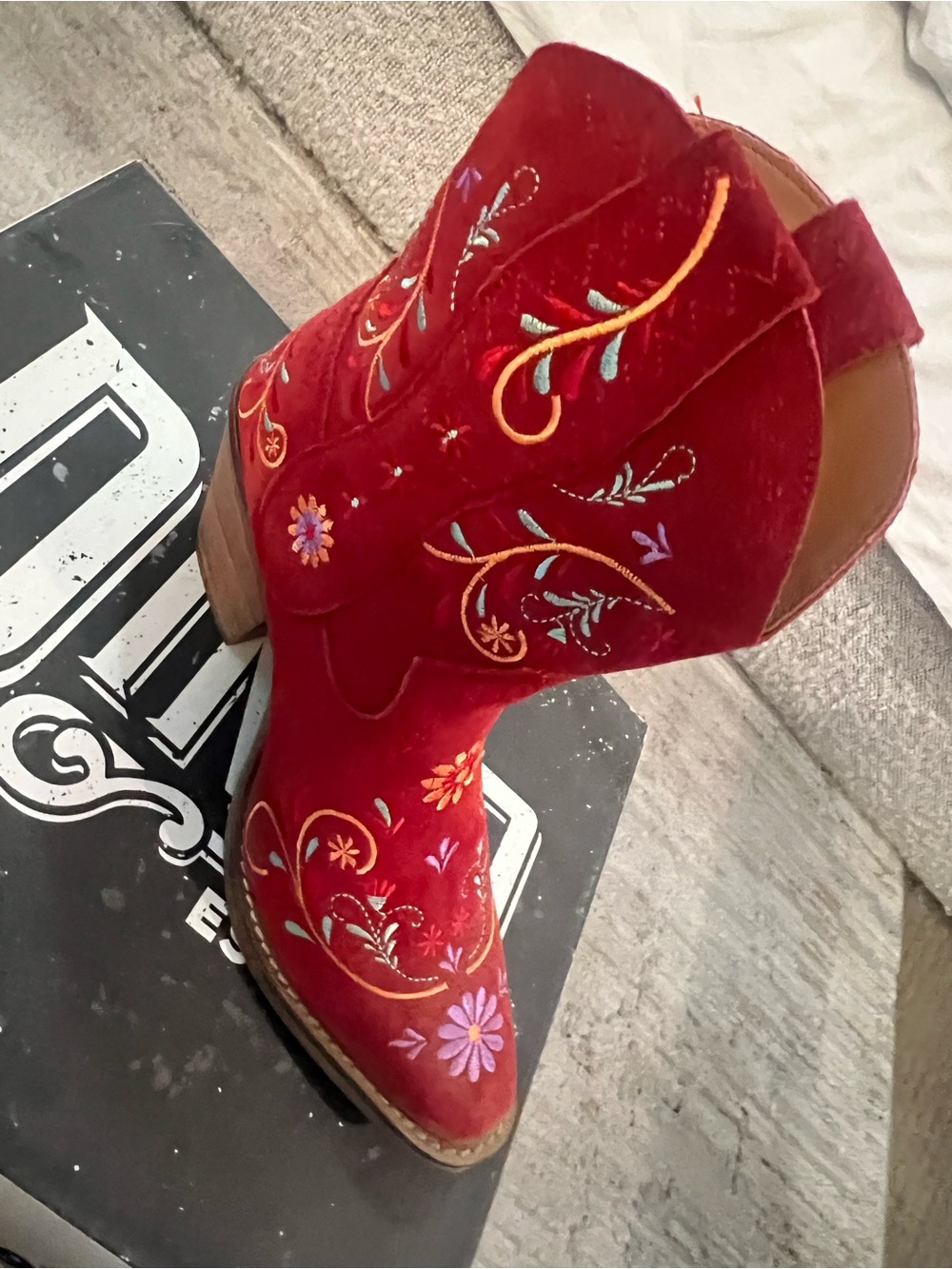 Dingo Red Suede Embroidered Western Ankle Boots